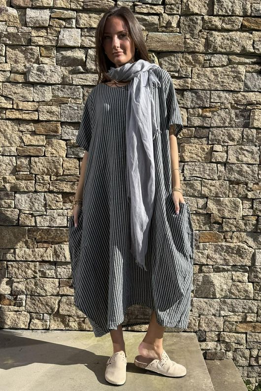 Salcombe Chalk Stripe Cotton Cocoon Dress Graphite